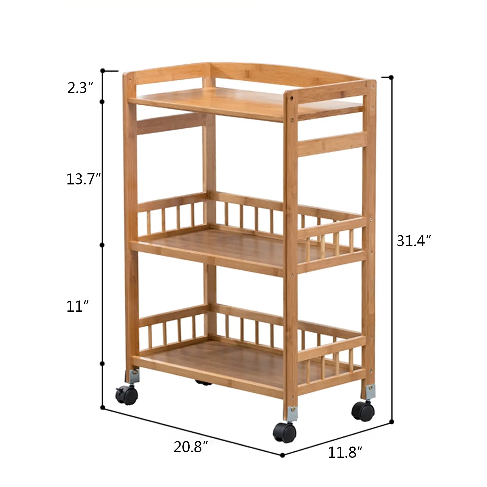 عربة تقديم متنقلة من Dyrabrest مكونة من 3 طبقات مع 4 عجلات، عربة مشروبات على شكل جزيرة المطبخ من الخشب + الخيزران، 20.8 × 11.8 × 31.4 بوصة