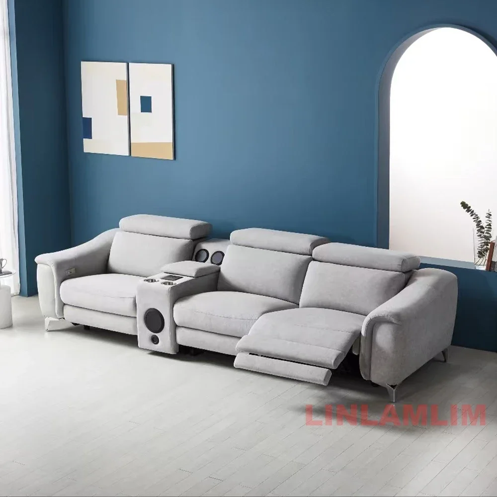 Modern Power Reclining Genuine Leather Sofa – Recliner Couch with Adjustable Headrests, Bluetooth Speakers, USB, Cup Holders view 4
