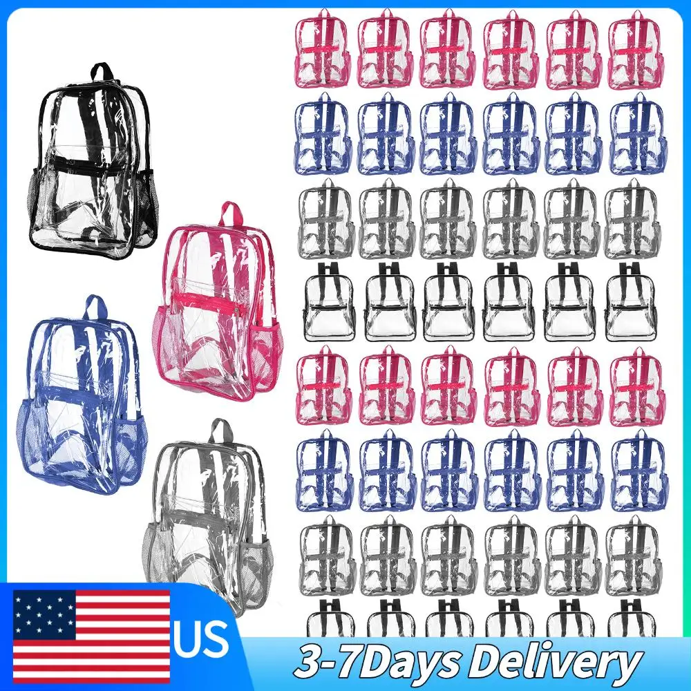 

48/72 Pack PVC Clear Backpack Bulk with Pockets 15 Inch Transparent Bookbags for College Travel Sport Work Stadium Approved