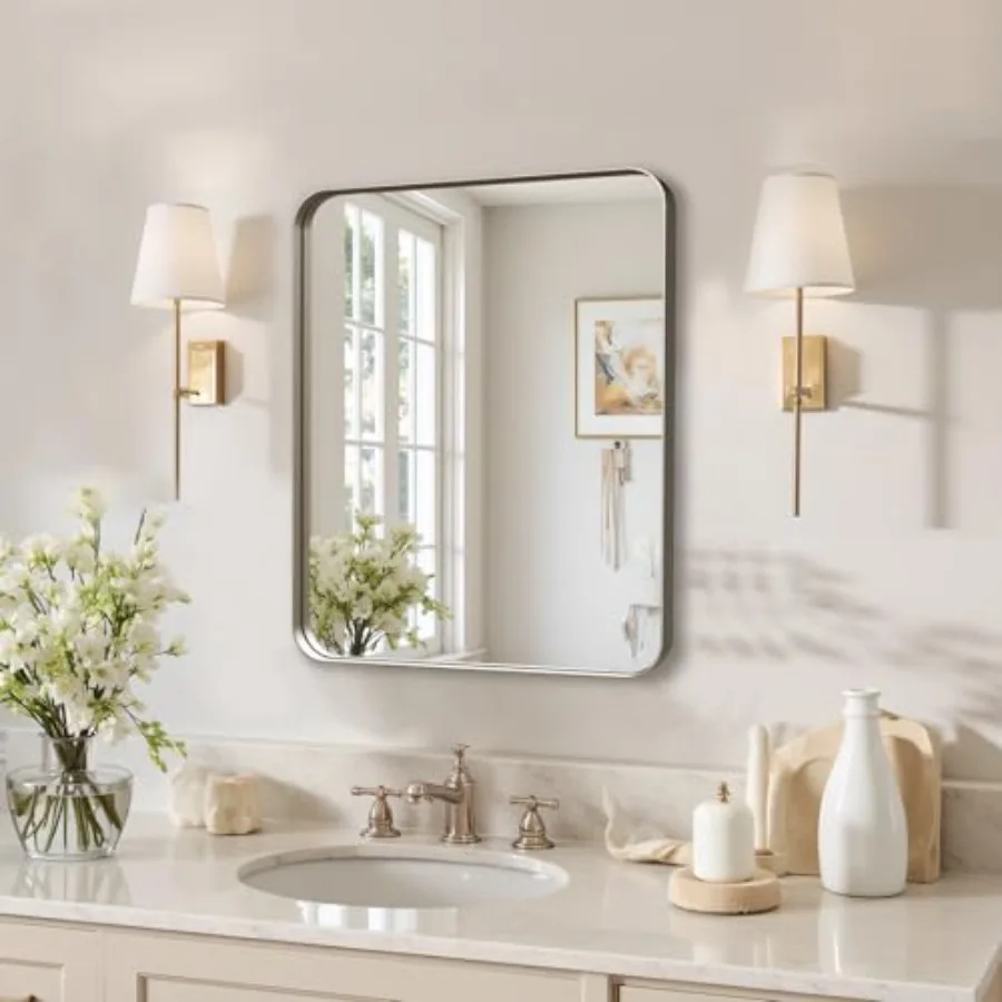 

20"x16" Bathroom Mirror, Brushed Nickel Rounded Rectangle Vanity Mirror, Anti-Rust Aluminum Framed, Wall Mounted Mirror for Ove
