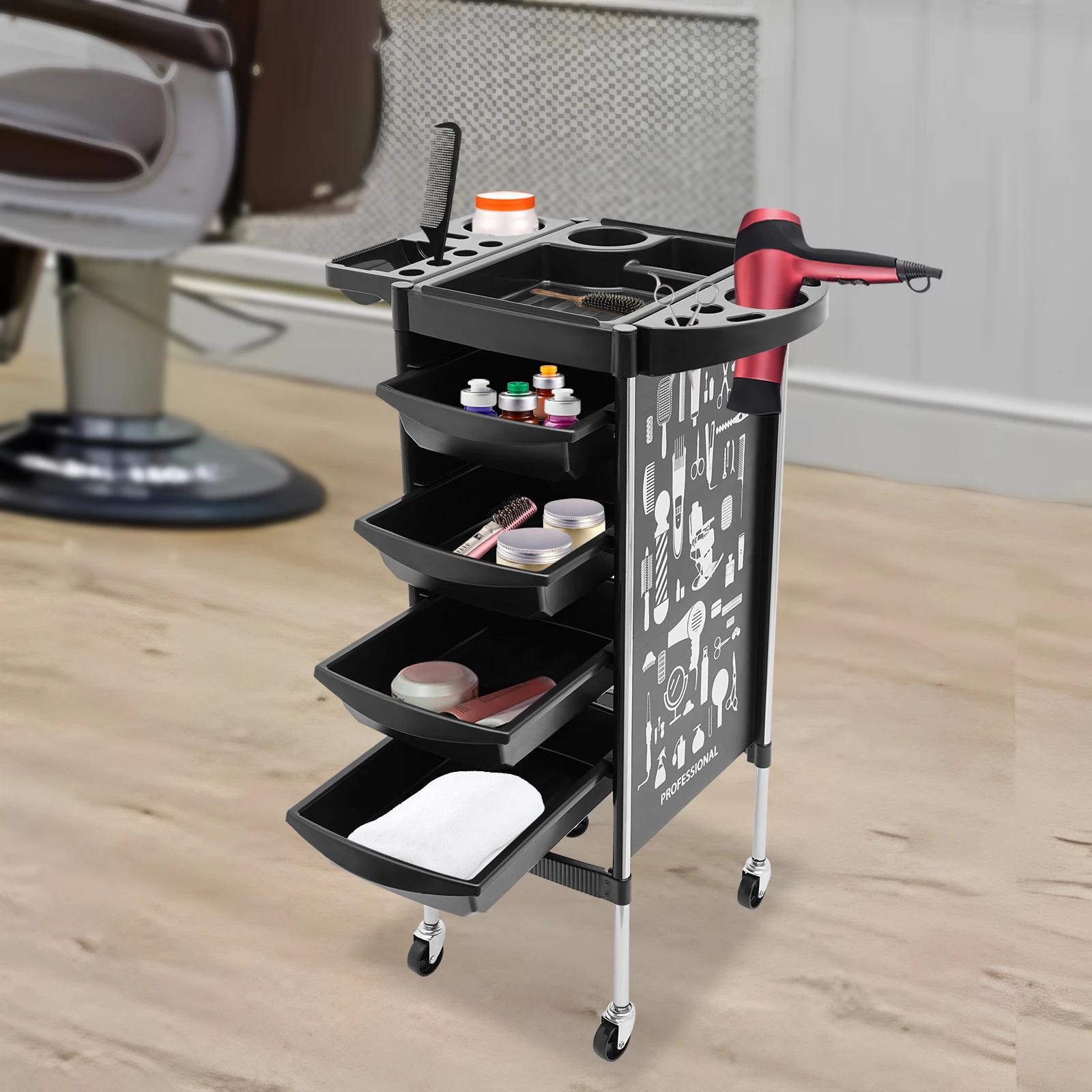 Friseurwagen mit 4 Schubladen und Rollen, Trolley für Friseursalons, Friseurwagen für Salonarbeiten (schwarz)