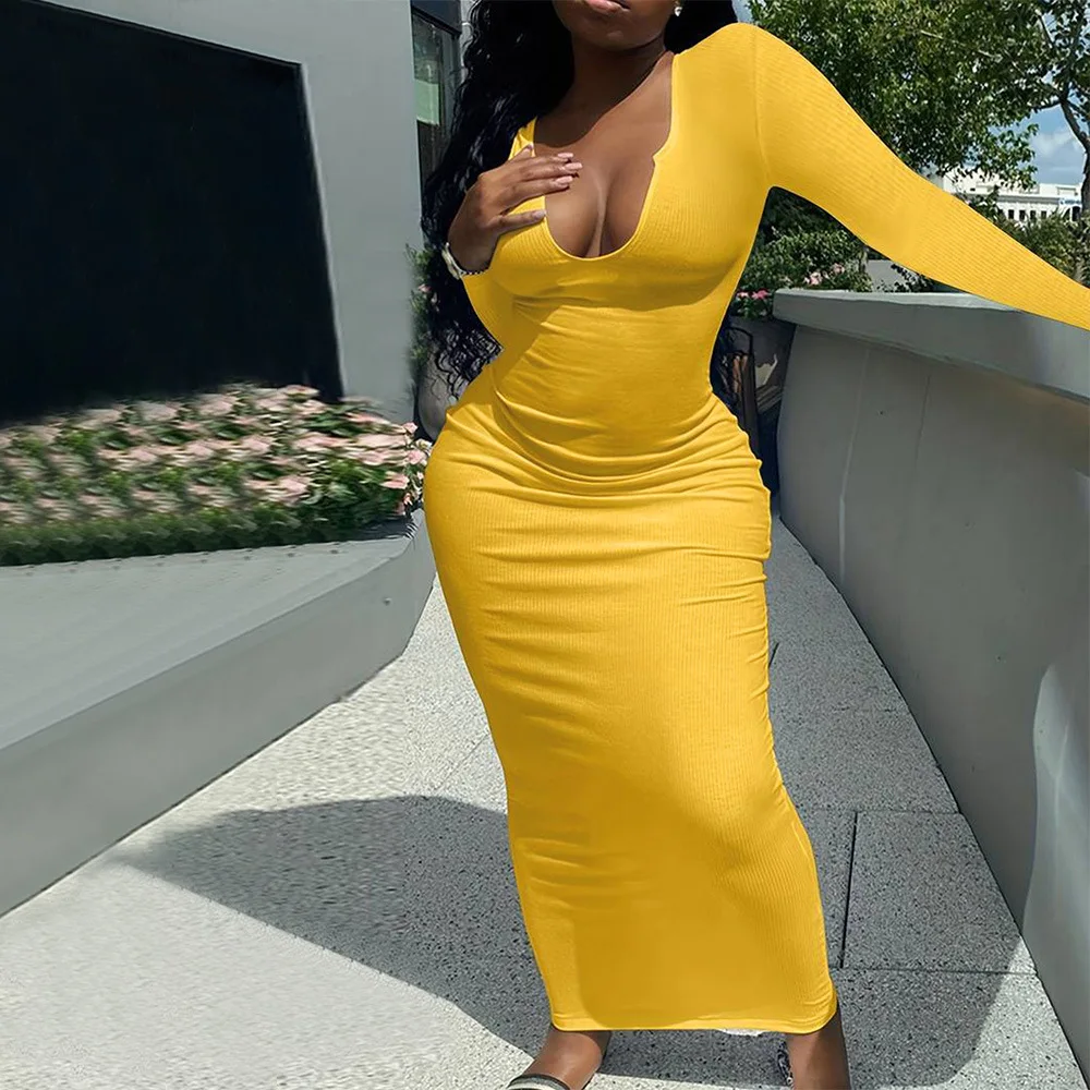 2025, plus size sexy damesjurk met V-hals en lange mouwen voor zomer-Influencers, socialite met heupknuffelende lange rok