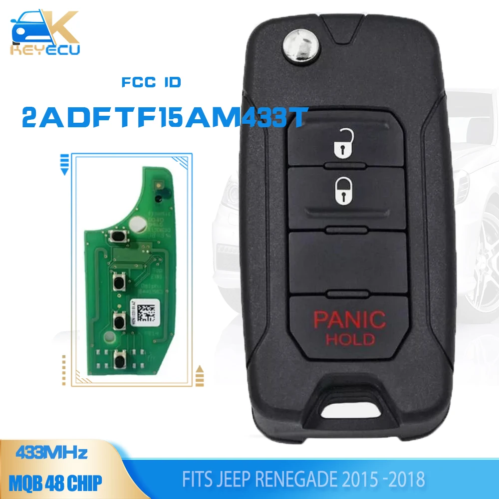 KEYECU FCC ID: 2ADFTF15AM433TX Flip Remote Key Fob 3 Button FSK 433.92MHz MQB48 Chip for Jeep Renegade 2016 2017 2018