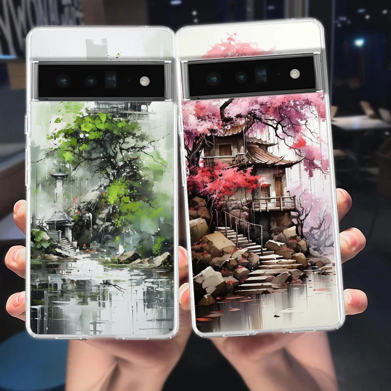 Ink and wash landscape painting Phone Case For Google Pixel 9 Pro XL 8 7 6 Pro 8A 7A 6A 5 4 5A 4A 3A XL 5G Soft TPU Clear Cover