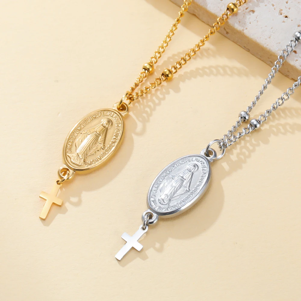 داوابارا مريم العذراء الصليب قلادة الصلاة الدينية نعمة المعمودية الكاثوليكية هدايا عيد الميلاد مجوهرات من صلب لا يصدأ