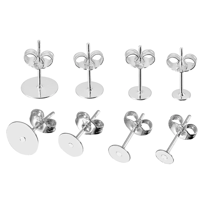 20pcs 925 Sterling Silver Plated Blank Earring Stud Base 4 5 6 8mm Earring Post Cabochon Settings for DIY Earring Jewelry Making