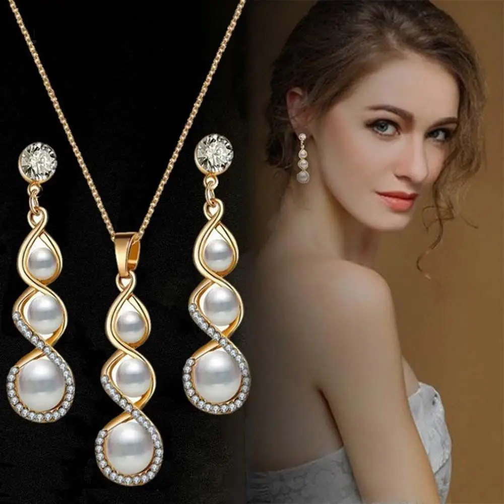 

Gifts For Women Cubic Zirconia Simulated Pearls Bridesmaid Bride Rhinestone Pendant Jewelry Set Necklace Dangle Earrings