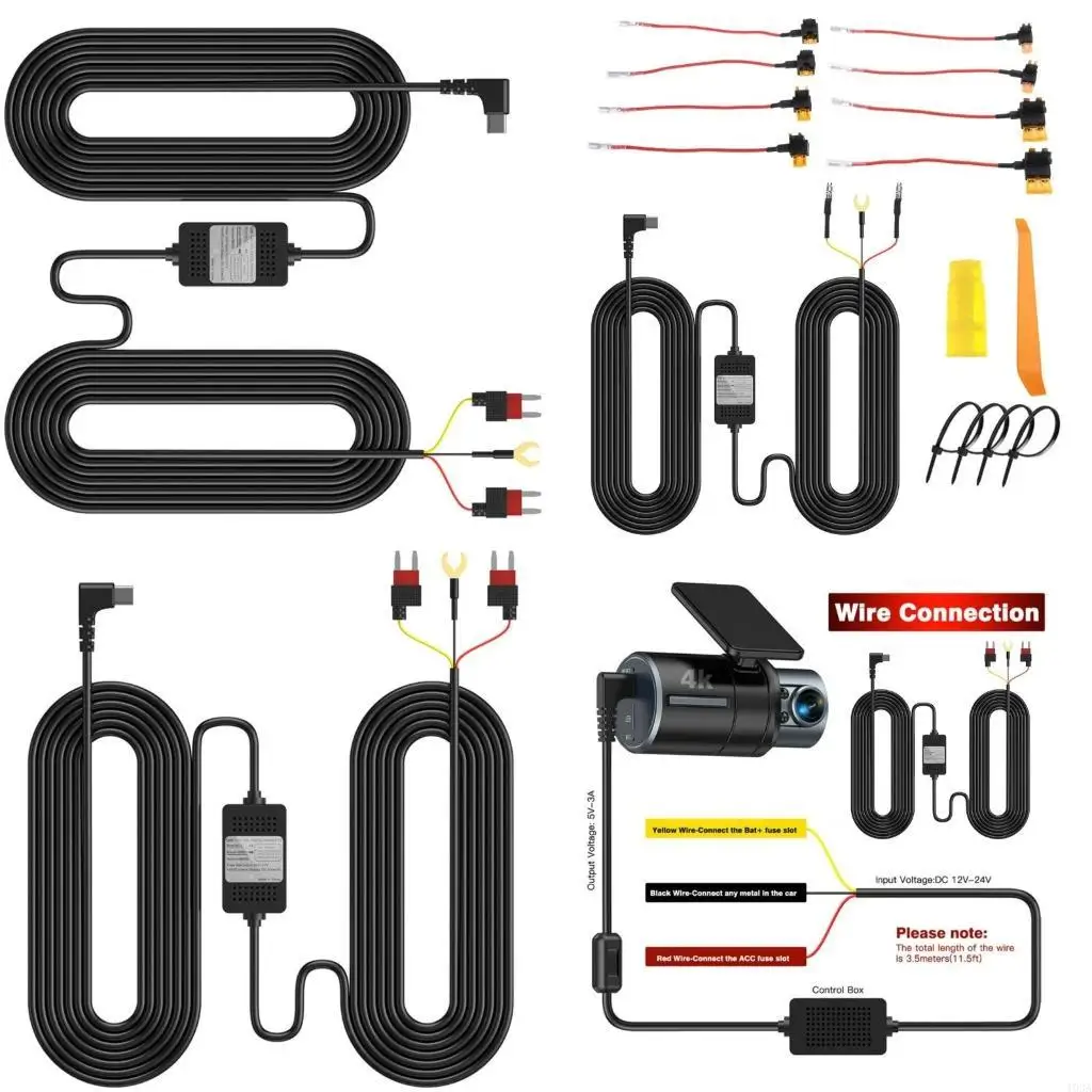193A USB C Dashcam Hardwire for Dashcam 8Fuse Tap Cable 24 Hours Surveillances Power Supply Low Voltages Protections