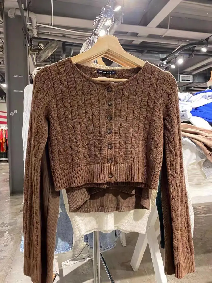 Vintage BrownTwist Knitting Short Coat Slim Single Breasted Fall Women Jackets Y2K Streetwear Tight Crop Tops Woman 2025