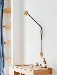 Nordic walnut rocker wood wall lamps bedroom bedside lamp study living room sofa long arm reading sconces lights decor fixtures