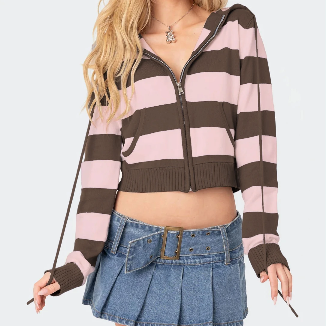 2025 Women's Sweater Casual Zipper Closure Fall Long Sleeve Drawstring Hooded Striped Knit Jacket with Pocket