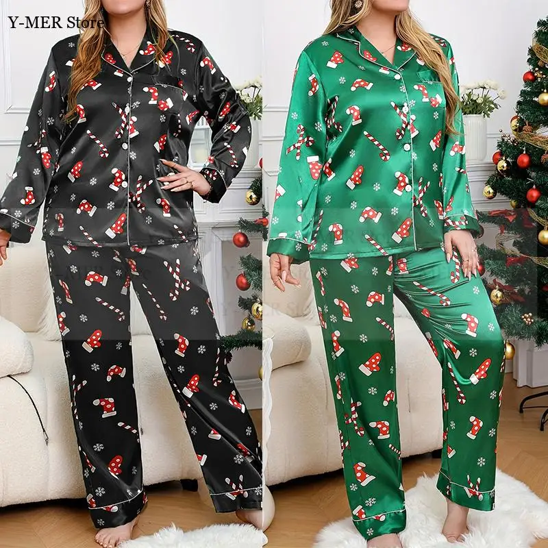 

Пижамы большого размера, женские атласные пижамы, костюм для рождественской вечеринки, домашняя одежда, рубашка с длинными рукавами, брюки, 2 шт., Pijama Mujer
