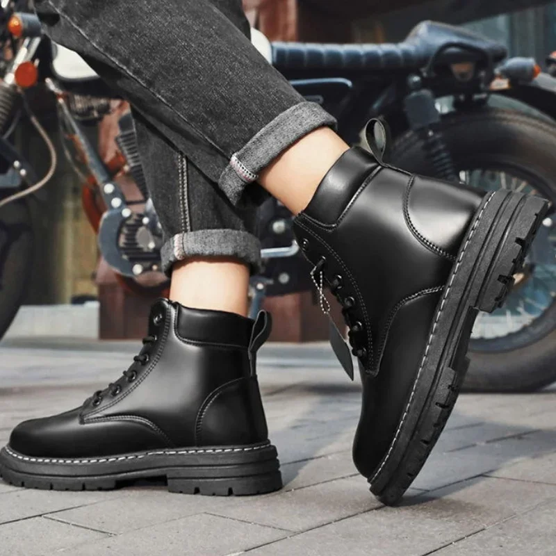 2025 Botas altas, zapatos de cuero para Hombre, botines de motocicleta a la moda para Hombre, Botas de invierno, zapatos para Hombre con cordones, Botas para Hombre