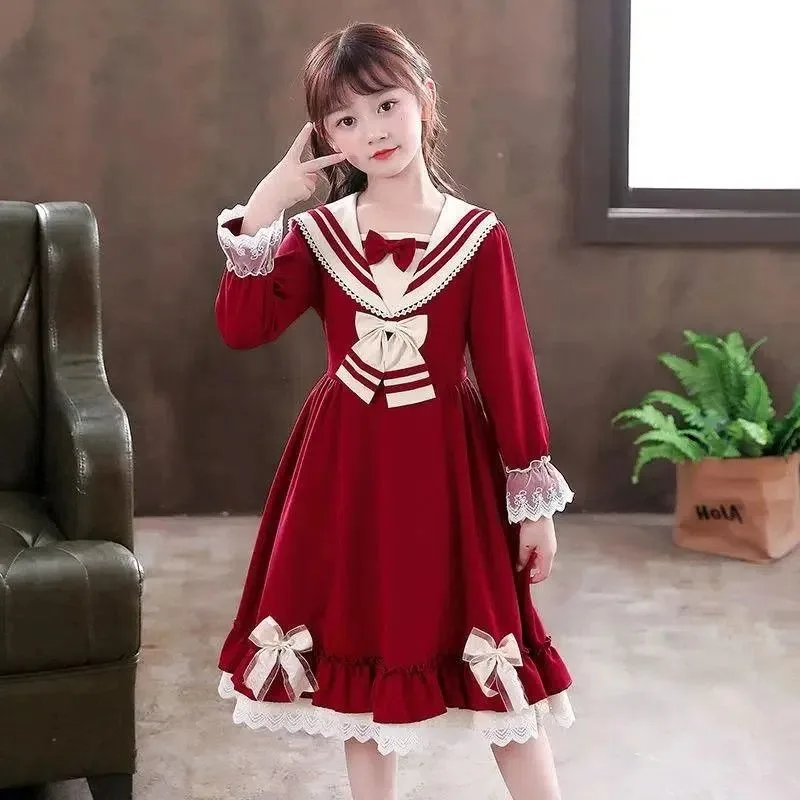 

Girls' 2025 Spring/Autumn New Lolita Style Chic Bow Accented Long Sleeve Princess Dress for 4-12Y