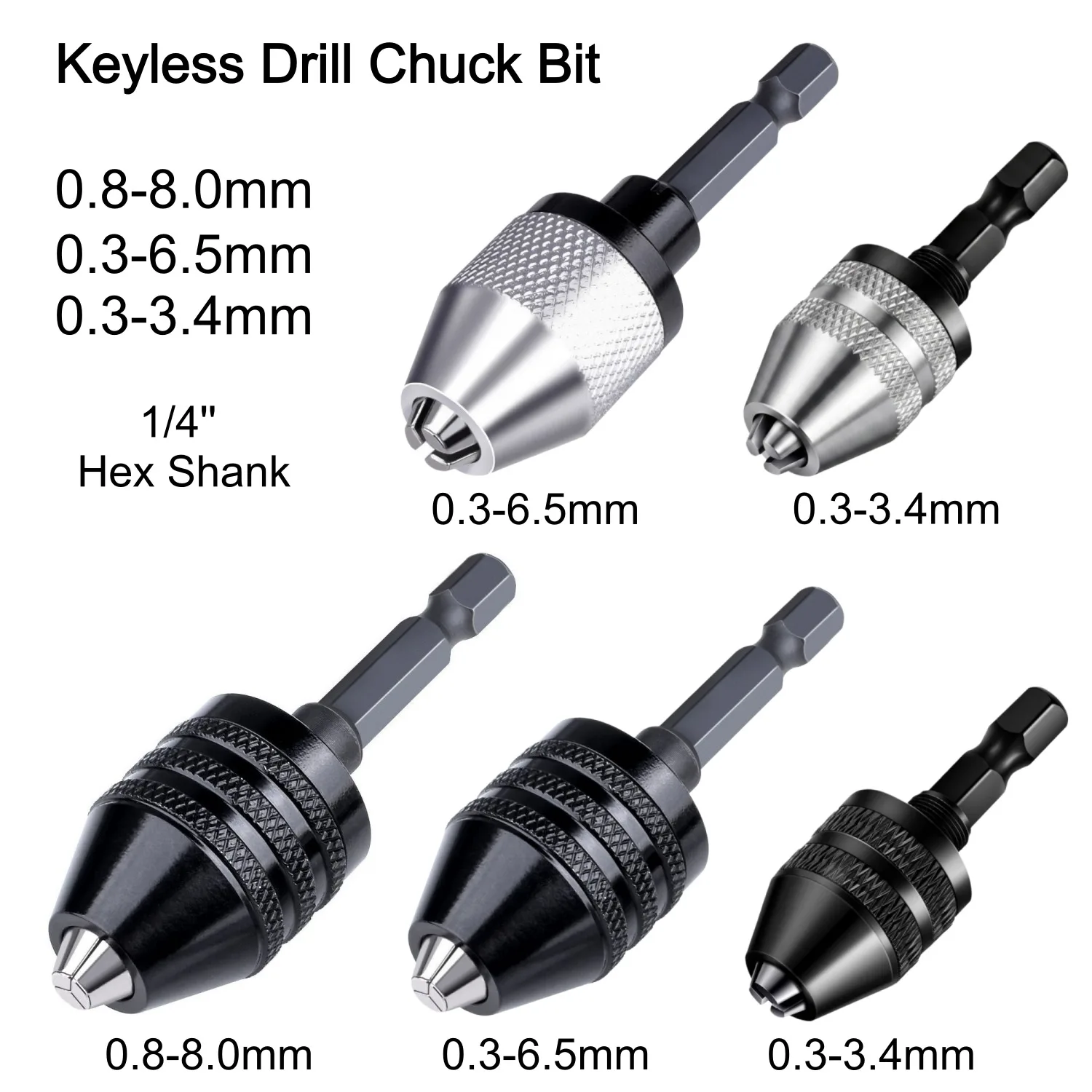 Keyless 1/4 Hex Shank Drill Bit Chuck Adapter 0.8-8.0mm 0.3-6.5mm 0.3-3.4mm Impact Driver Quick Change Converter Extension