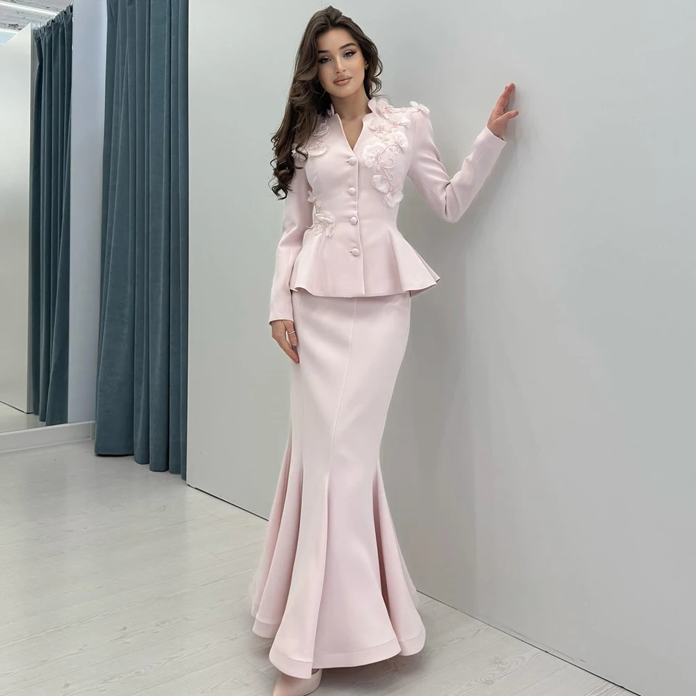 

Pink Women Suit Skirt Set 2 Piece Blazer+Prom Dress 3D Flower Appliqued Formal Office Lady Jacket Cotton Wedding Coat Customized