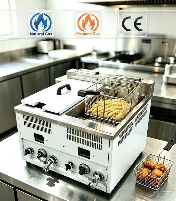 18L+18L Countertop Efficient Commercial Gas Fryer Deep Fryer Gas With 2 Tanks 2 Baskets With Oil Tap For Fast Food Restaurant