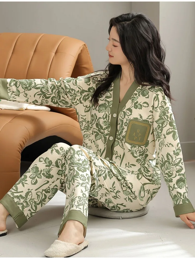 print Women Cotton Sleepwear Vintage Chest pads Sleepwear Long Sleeve Autumn Pajama Sets Loungewear Set Korean Pants Button