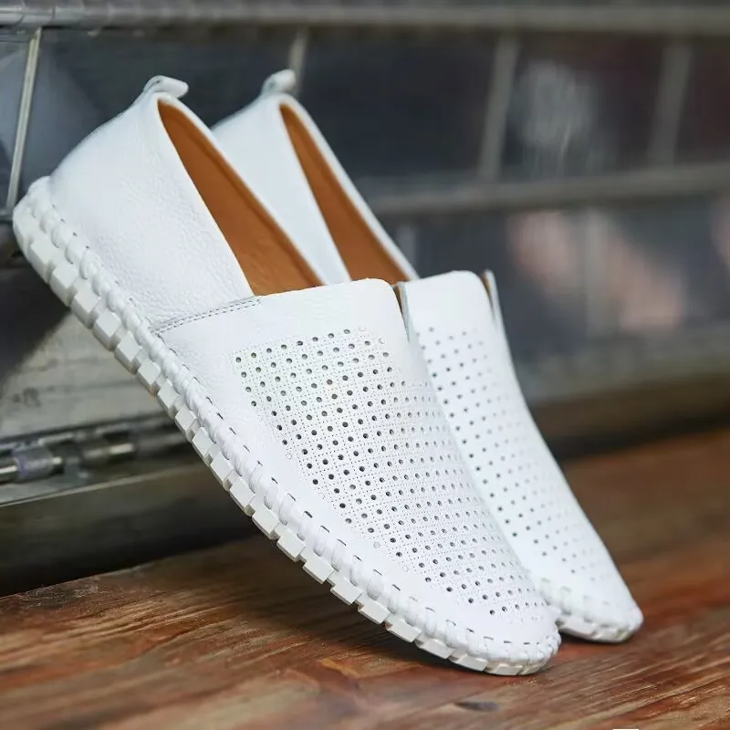 Soft White Moccasins Men Dress Shoes Extra Size 47 48 49 Male\'s Breathable Cut-outs Loafers Casual Hand-stitching Formal Shoes