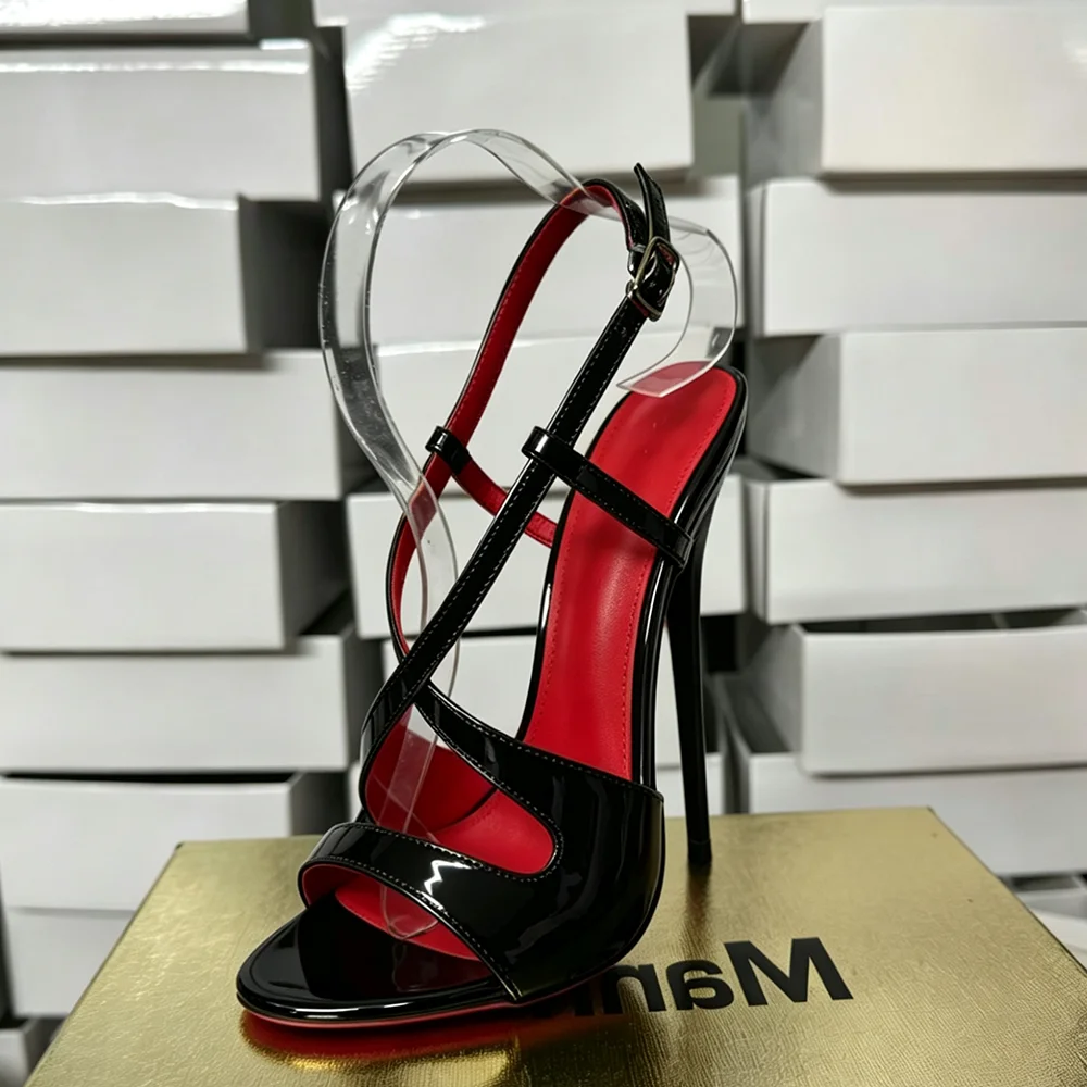 Tikicup New Sexy 14/16cm High Heels Black Peep Toe Sandals Cross Ankle Strap Slingback Pumps Man Pole Dancing Party Dress Shoes