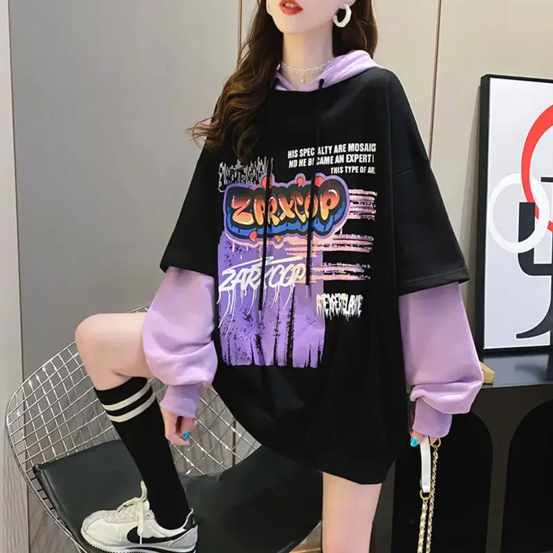 

Loose Female Top With Orint On Korean Hoodies Baggy Streetwear Y2k Popular Clothes Designer Youthful Women's Hooded Sweatshirts