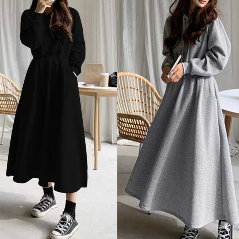 Stylish Versatile Women\'s Solid Color Hoodie Dress for Autumn and Winter Stay Fashionable Casual Hooded Dresses With Pockets