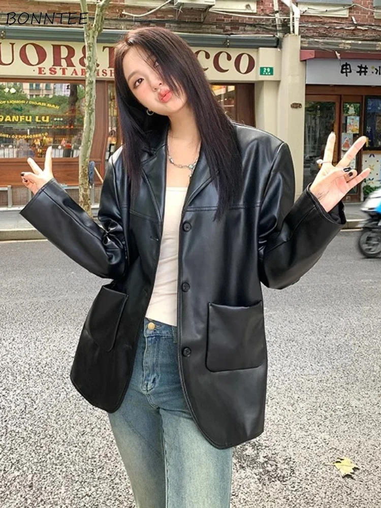 Black PU Blazers Women Simple Notched Elegant Office Lady Streetwear Fashion Baggy Coats Casual Versatile Classic Korean Style