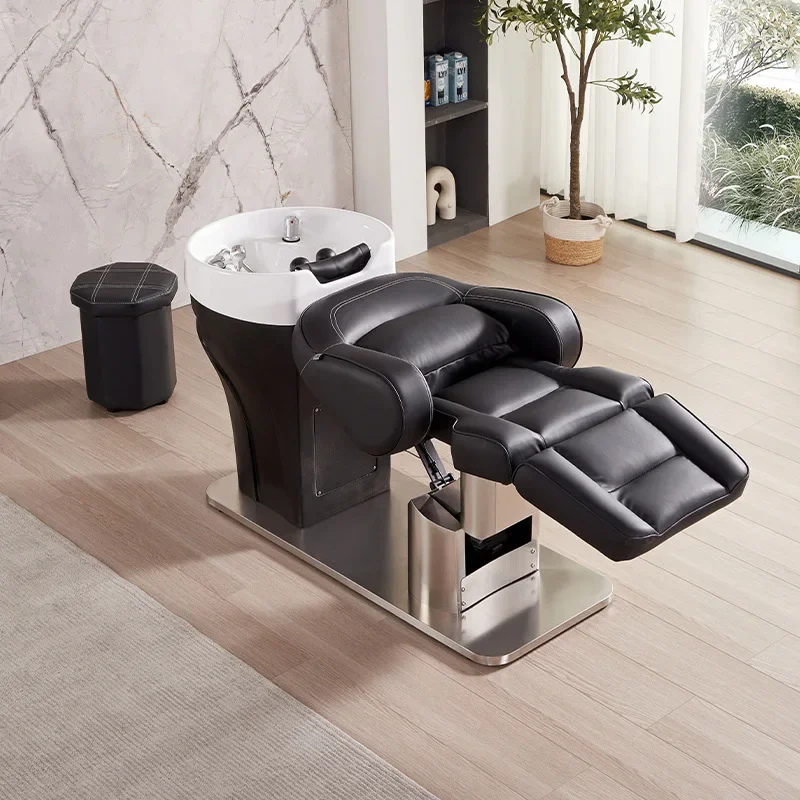 hot black leather luxury shampoo chair recline hair washing chair and basin for barber shop salon