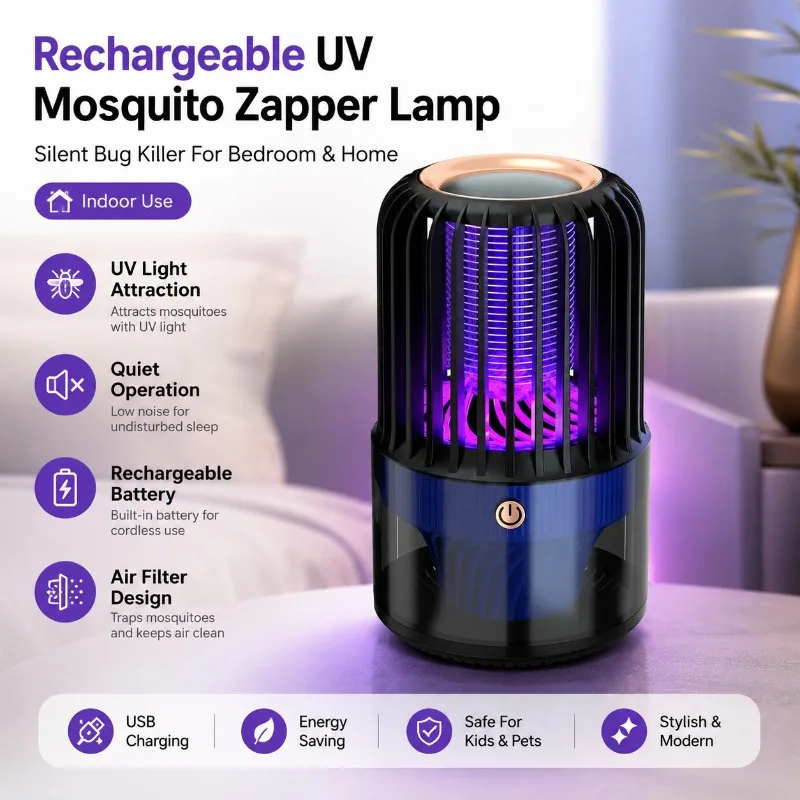 Portable USB Charging Mosquito Trap Lamp UV Attraction Silent Bug Zapper With Filter Screen For Household Bedroom Apartment Use