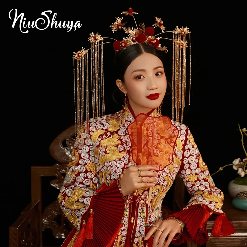 

NiuShuya Retro Chinese Red Velcet Tassel Hair Tiara Crown Vinatge Costume Hair Accessory Bridal Wedding Queen Hair Jewelries