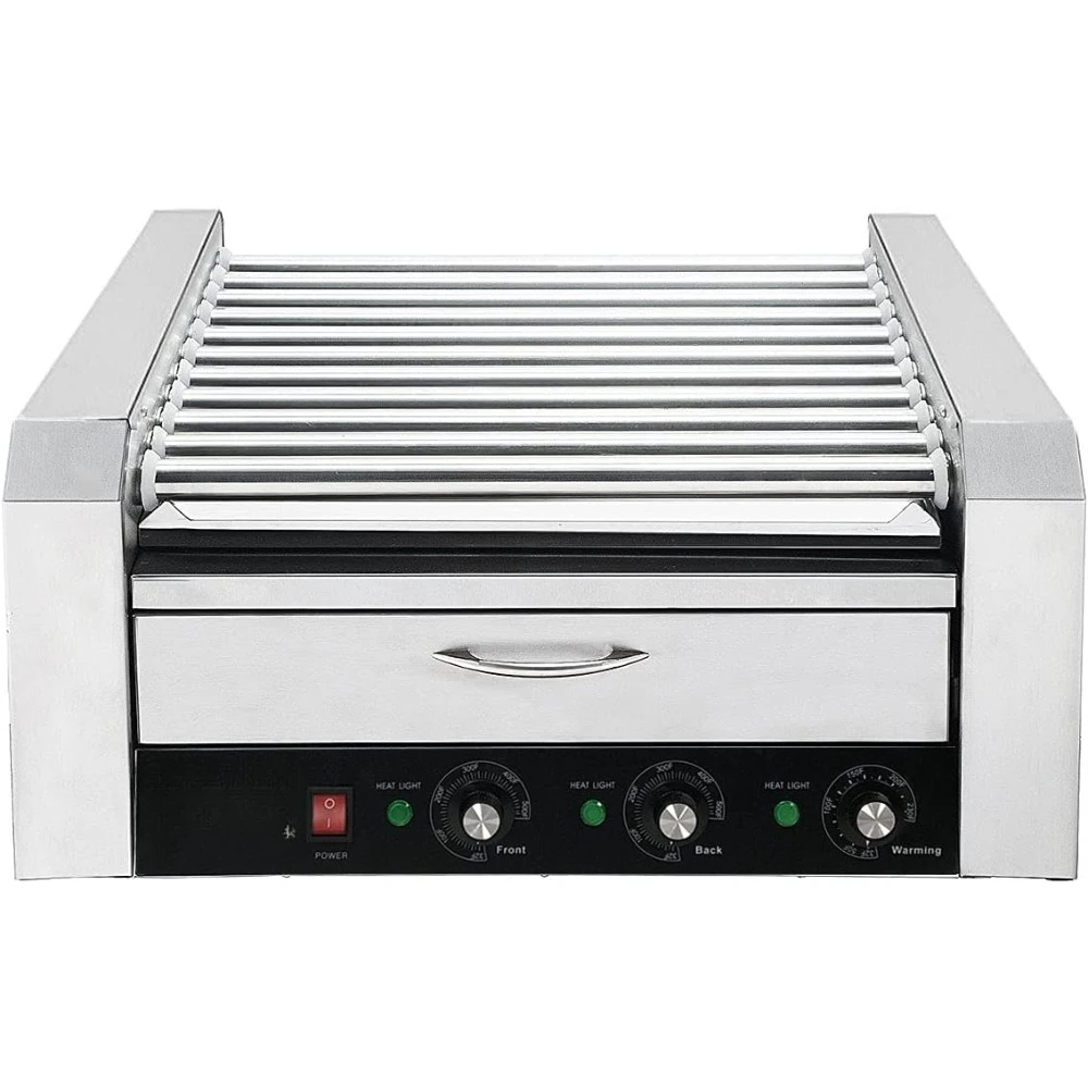 30 Hot Dog Roller Warmer Grill Cooker Machine, Commercial Grade, (with Bun Warmer Drawer, 11 Non-Stick Rollers