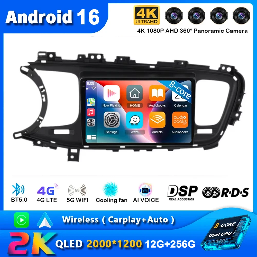 Android 16 For KIA K5 Carplay Car Radio Optima 3 TF 2010 - 2015 Navigation Multimedia GPS Player Stereo WiFi+4G video 360 Camera