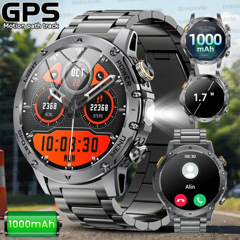 

2025 New Men Military Outdoor Sports Smart Watch 1000mAh Battery 5ATM Waterproof LED Flashlight Heart Rate Fitness Smartwatches