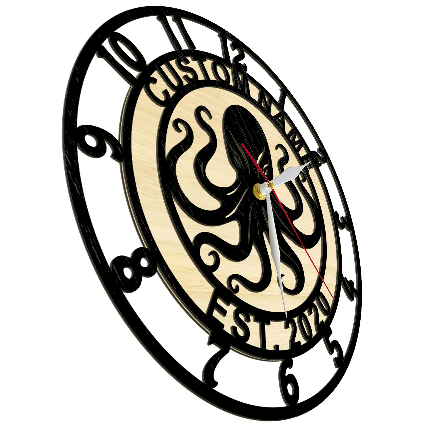 Laser Engraved Octopus Wood Wall Clock with Personalized Name for Kids Nursery Room Funny Ocean Nautical Home Decor Timber Clock