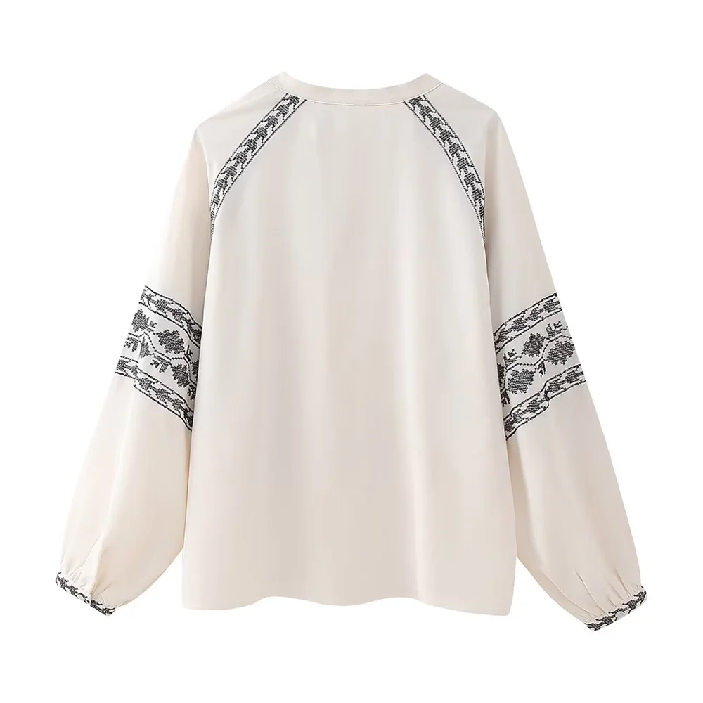 PB & ZA-Contrast Color Embroidered Blouse for Women, Casual Versatile, New Arrival, Spring, 2024