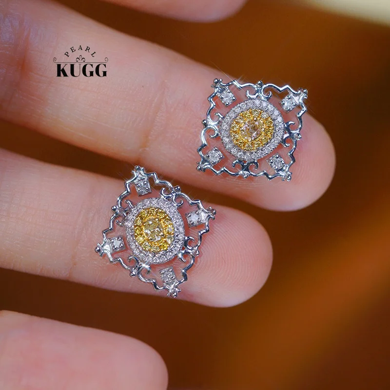 

KUGG 18K White Gold Earrings Vintage Palace Design 0.40carat Real Natural Yellow Diamond Stud Earrings for Women Party Jewelry