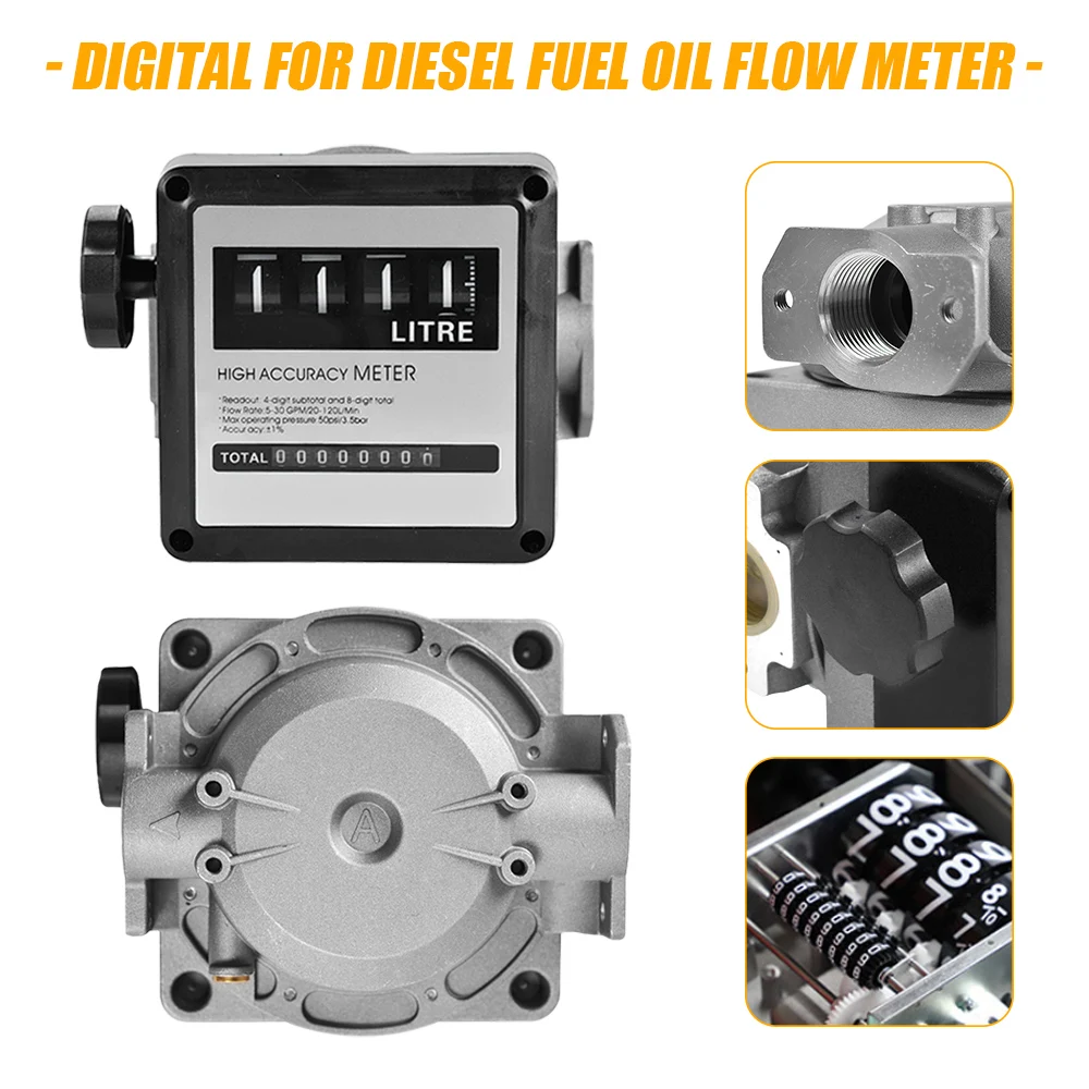 FM-120 4 Digital Gasoline Fuel Oil Flow Meter Counter 20-120L/Min Diesel Petrol Oil Flow Sensor Counter High Accuracy Display