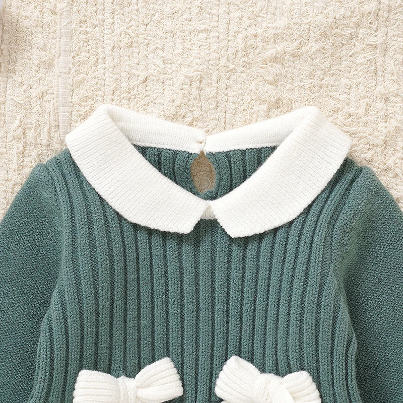 Green Baby Girls Rompers Fashion Bowknot Knit Newborn Infant Full Sleeve One Piece Jumpsuits Spring Fall Winter Toddler Overalls
