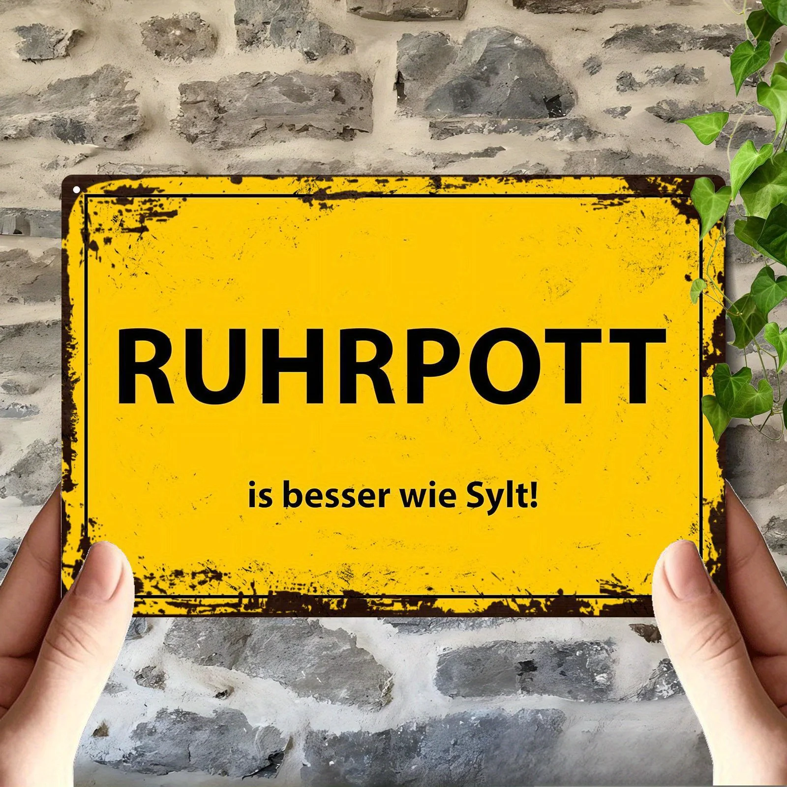 Placa de Metal Vintage para Parede - Alemão Ruhrpott é Melhor que Sylt, 20,32x30,48 cm, Placa Decorativa Rústica Amarela e Preta para Casa