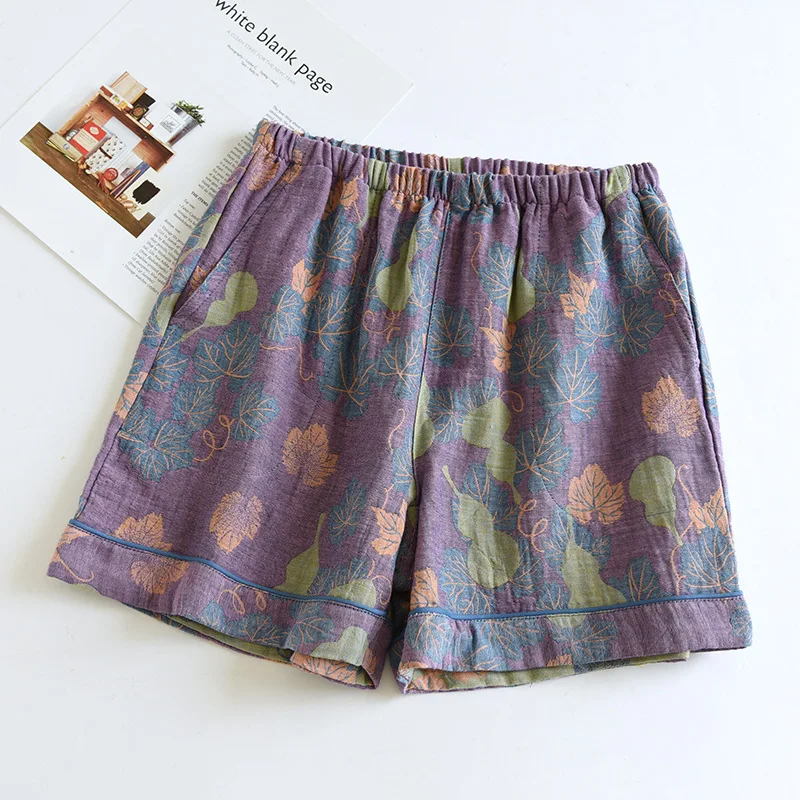 2024 Japanese Summer New Women\'s Shorts 100% Cotton Vintage Yarn Weaving Printed Sleepwear Thin Loose Pocket Shorts Home Pants