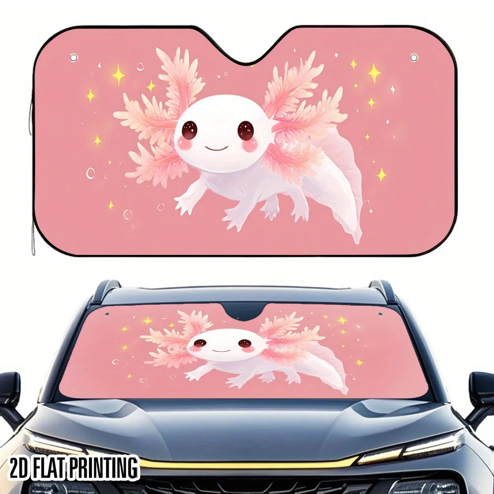 1pc Cute Axolotl Car Sunshade With Pink Gills & Stars Design - 2D Flat UV Protection Windshield Cover, 4 Suction Cups, Foldable