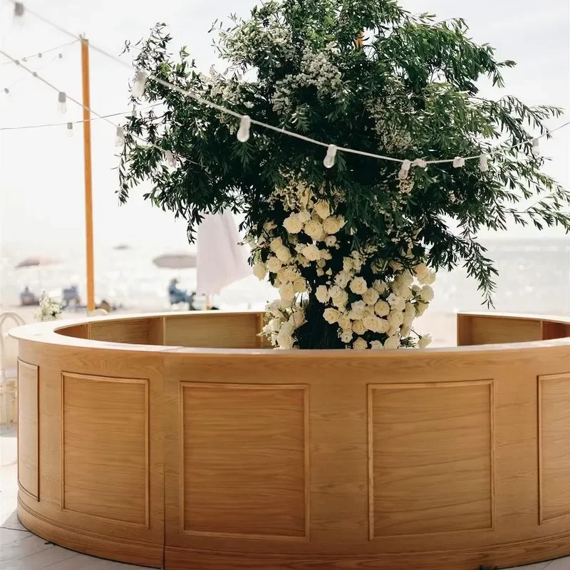 Custom Rustic Style Birch Wood Painted Wooden Large Circular Rental Wedding Event Bar Counter