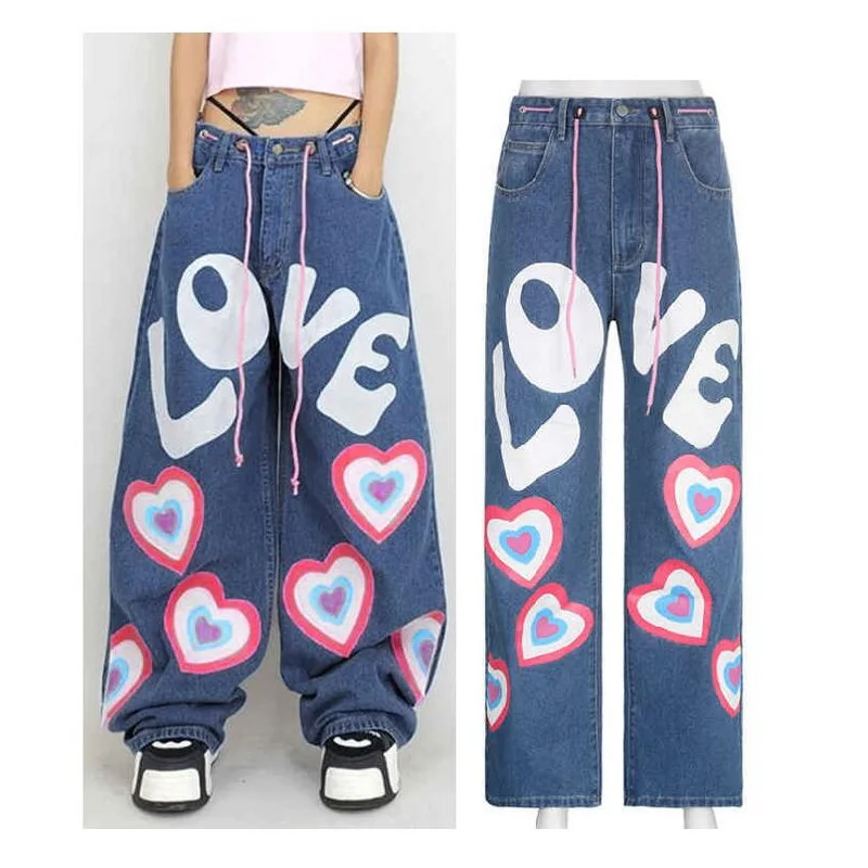 

Young Girl Jeans Love Graffiti Prints Loose Denim Trousers Floor Wide Leg Pants