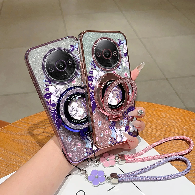A3 Purple flowers Plating Bracelet Holder Phone Case For Xiaomi Redmi A3 9C A1 A1Plus 9 A3X 9i A4 A2 9AT 9A Turbo 3 4 Cover
