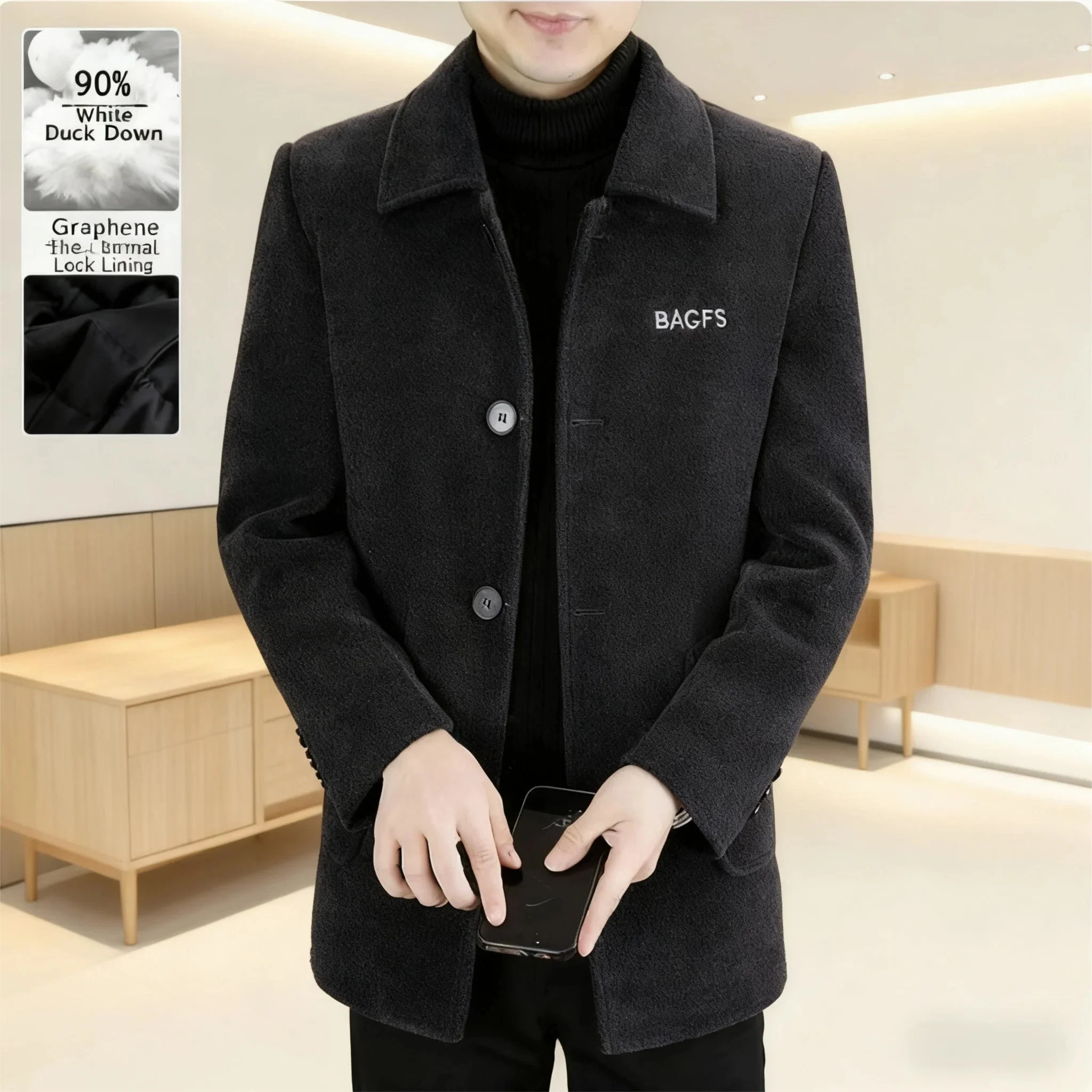 Pardessus en laine mélangée pour hommes - Couche intérieure en duvet de canard blanc (Parka d'hiver avec motif Trench Heritage)