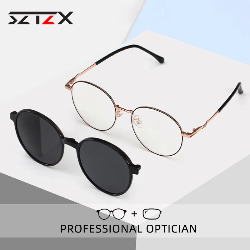 

SZTZX Women Men Round Magnet Clip On Reading Glasses Trendy Sunglasses With Anti-Blue Ray Myopic Hyperopia Prescription Glasses