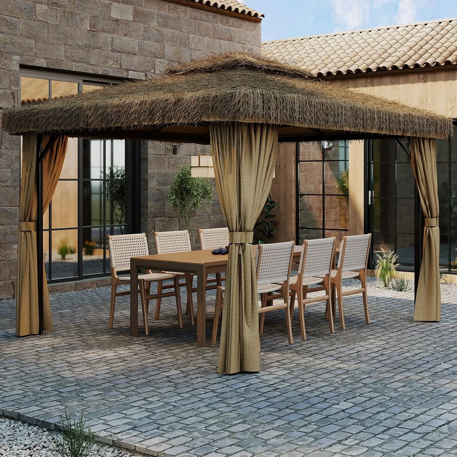 Outdoor Patio Gazebo Hawaiian Style Thatch Roof, Double Canopy, Aluminum Frame with Mosquito Net Privacy Curtain, Customized
