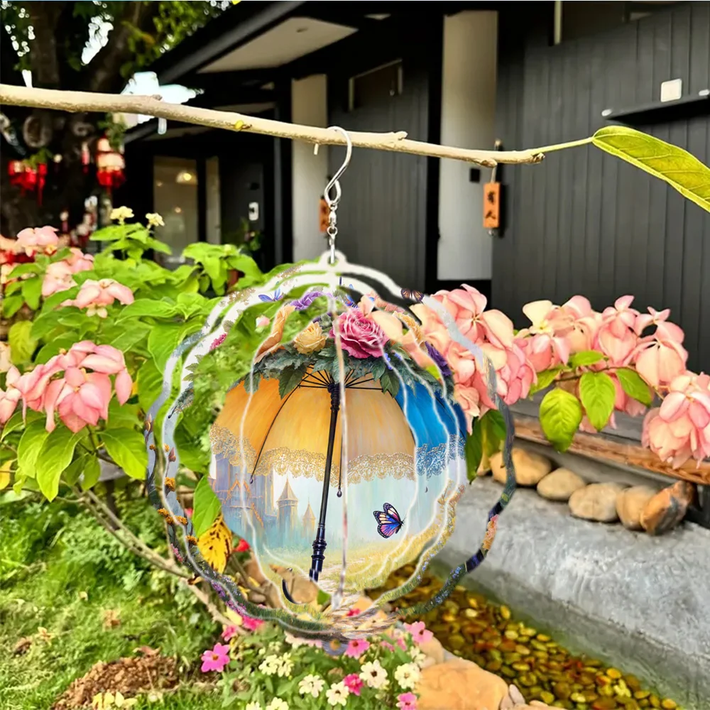 3D 1pc Fantasy Garden Flower Butterfly Wind Chime, Beautiful Fairytale Style, Metal 3D Rotating Wind Chime with 360° Swivel Hook