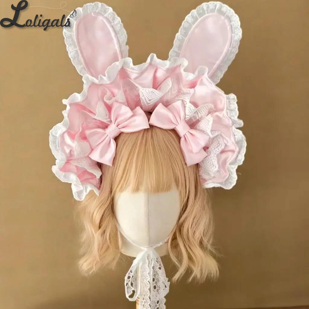 Cute Lolita Bonnet Headpiece Handmade 20cm Long Rabbit Ear Ruffled Daily Hat