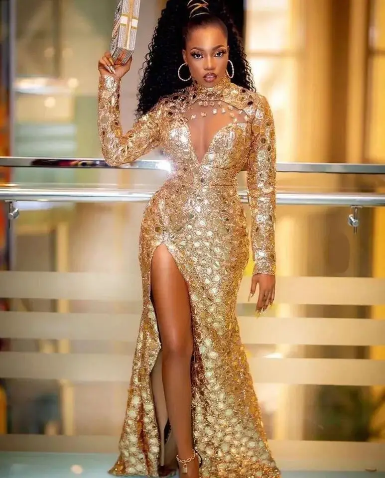 Gold Sexy Mermaid Evening Dresses long sleeve High Split mirror diamonds Plus Size Prom engagement Pageant gown Vestidos